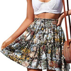 Women's Summer Boho Floral Print Mini Skirt High Waist Drawstring Tiered Skirts